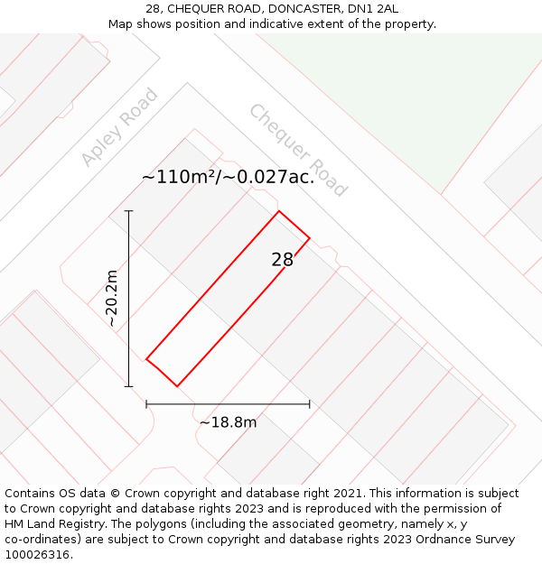 28, CHEQUER ROAD, DONCASTER, DN1 2AL: Plot and title map