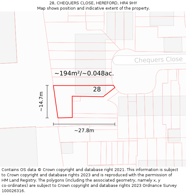 28, CHEQUERS CLOSE, HEREFORD, HR4 9HY: Plot and title map