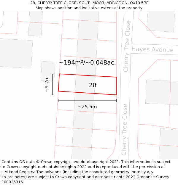 28, CHERRY TREE CLOSE, SOUTHMOOR, ABINGDON, OX13 5BE: Plot and title map