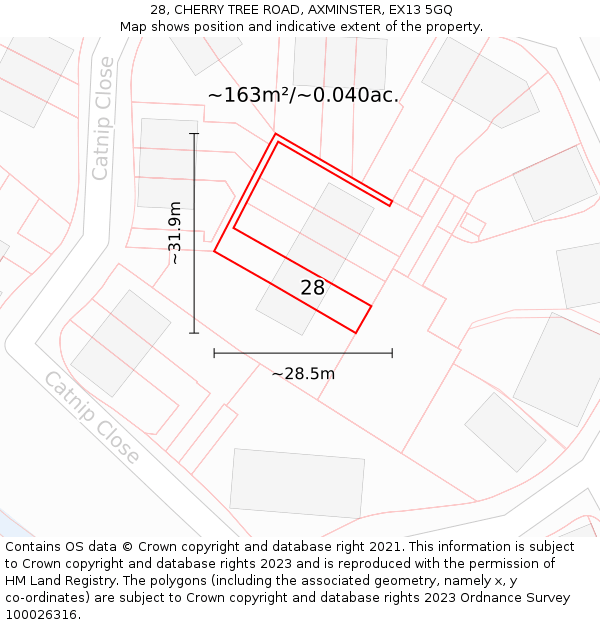 28, CHERRY TREE ROAD, AXMINSTER, EX13 5GQ: Plot and title map