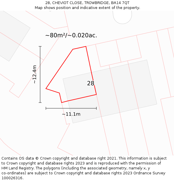 28, CHEVIOT CLOSE, TROWBRIDGE, BA14 7QT: Plot and title map