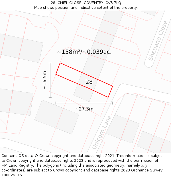 28, CHIEL CLOSE, COVENTRY, CV5 7LQ: Plot and title map