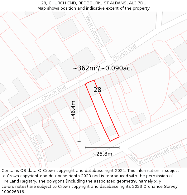 28, CHURCH END, REDBOURN, ST ALBANS, AL3 7DU: Plot and title map
