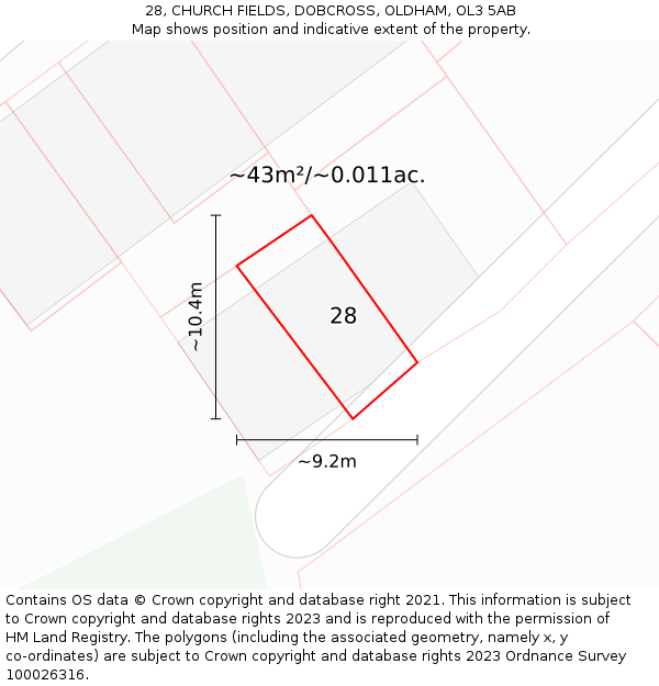 28, CHURCH FIELDS, DOBCROSS, OLDHAM, OL3 5AB: Plot and title map