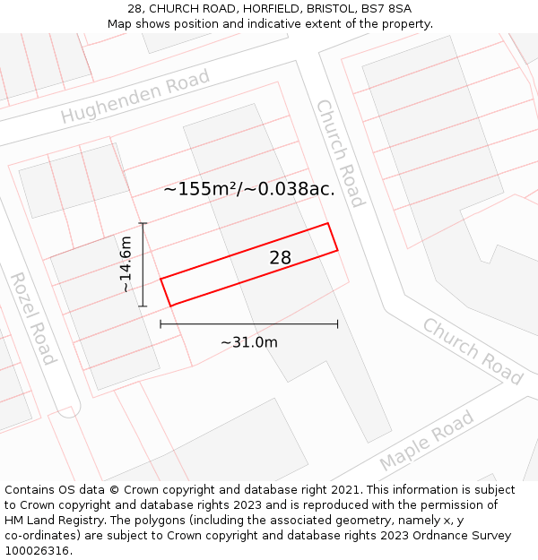 28, CHURCH ROAD, HORFIELD, BRISTOL, BS7 8SA: Plot and title map