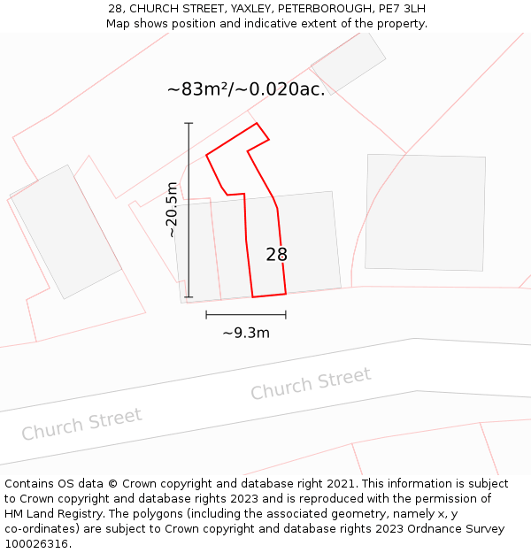 28, CHURCH STREET, YAXLEY, PETERBOROUGH, PE7 3LH: Plot and title map