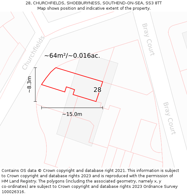 28, CHURCHFIELDS, SHOEBURYNESS, SOUTHEND-ON-SEA, SS3 8TT: Plot and title map
