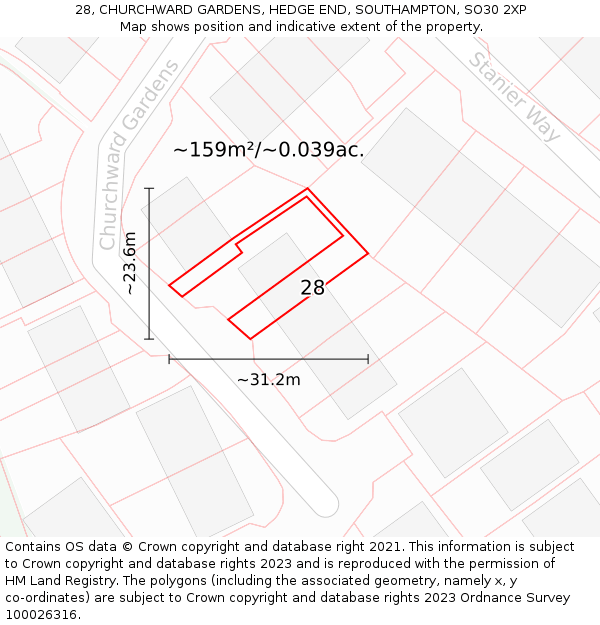 28, CHURCHWARD GARDENS, HEDGE END, SOUTHAMPTON, SO30 2XP: Plot and title map