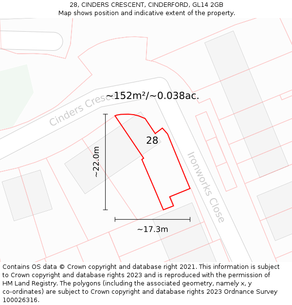 28, CINDERS CRESCENT, CINDERFORD, GL14 2GB: Plot and title map