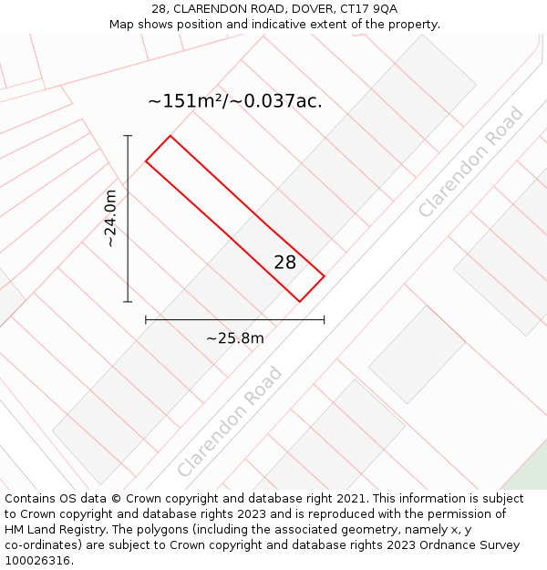 28, CLARENDON ROAD, DOVER, CT17 9QA: Plot and title map