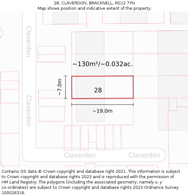 28, CLAVERDON, BRACKNELL, RG12 7YN: Plot and title map