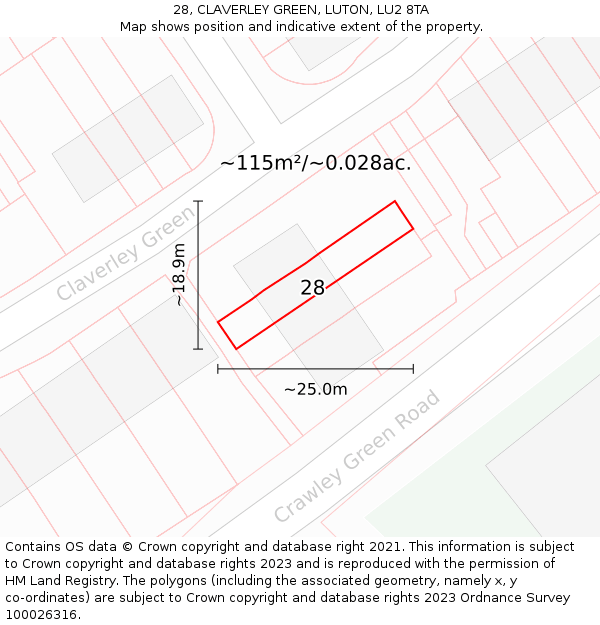 28, CLAVERLEY GREEN, LUTON, LU2 8TA: Plot and title map