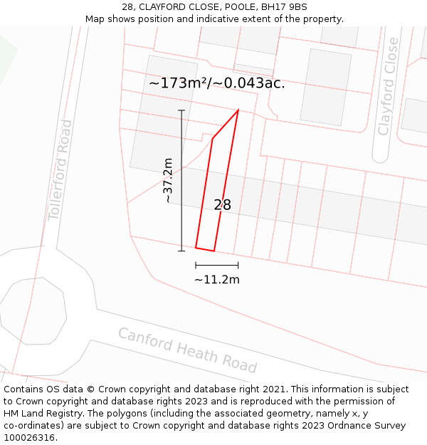 28, CLAYFORD CLOSE, POOLE, BH17 9BS: Plot and title map