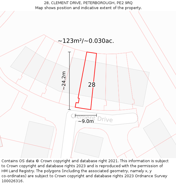 28, CLEMENT DRIVE, PETERBOROUGH, PE2 9RQ: Plot and title map