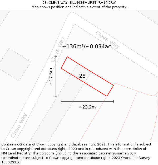 28, CLEVE WAY, BILLINGSHURST, RH14 9RW: Plot and title map