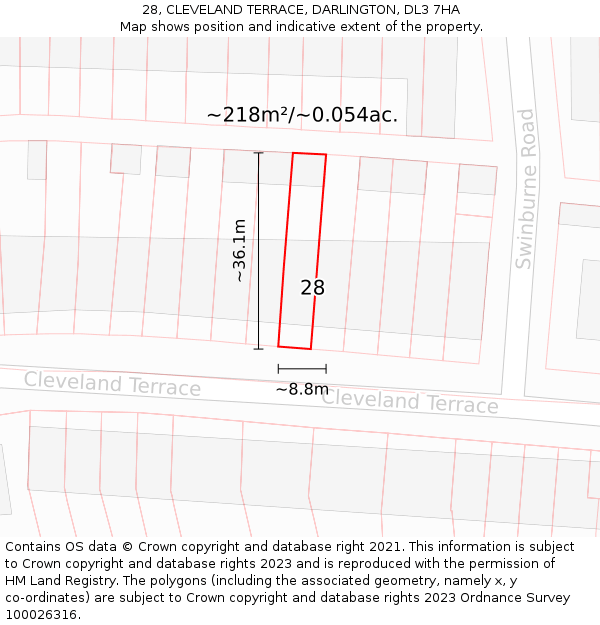 28, CLEVELAND TERRACE, DARLINGTON, DL3 7HA: Plot and title map