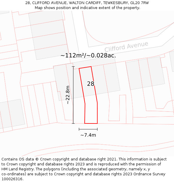 28, CLIFFORD AVENUE, WALTON CARDIFF, TEWKESBURY, GL20 7RW: Plot and title map