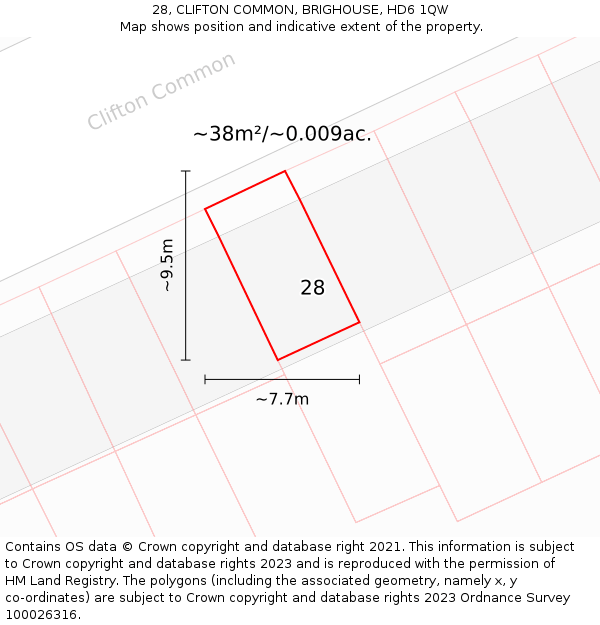 28, CLIFTON COMMON, BRIGHOUSE, HD6 1QW: Plot and title map