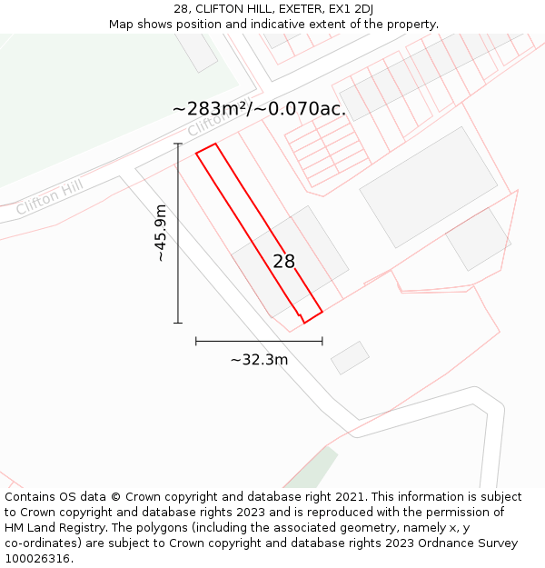 28, CLIFTON HILL, EXETER, EX1 2DJ: Plot and title map