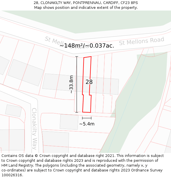 28, CLONAKILTY WAY, PONTPRENNAU, CARDIFF, CF23 8PS: Plot and title map