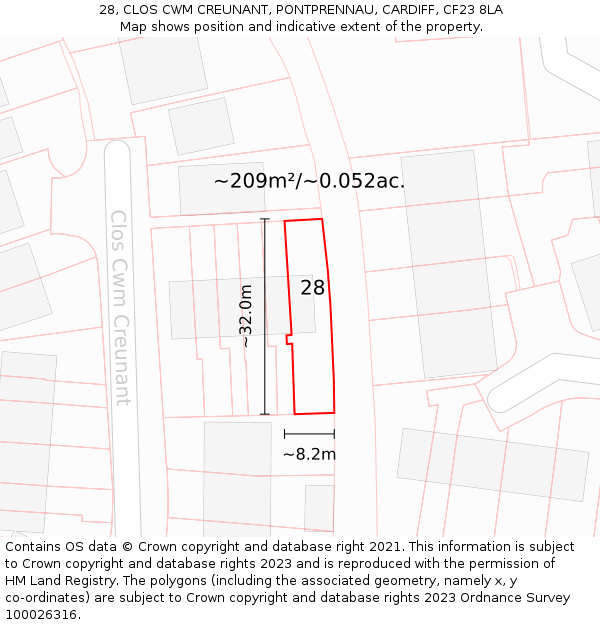 28, CLOS CWM CREUNANT, PONTPRENNAU, CARDIFF, CF23 8LA: Plot and title map