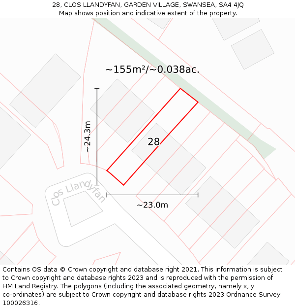 28, CLOS LLANDYFAN, GARDEN VILLAGE, SWANSEA, SA4 4JQ: Plot and title map