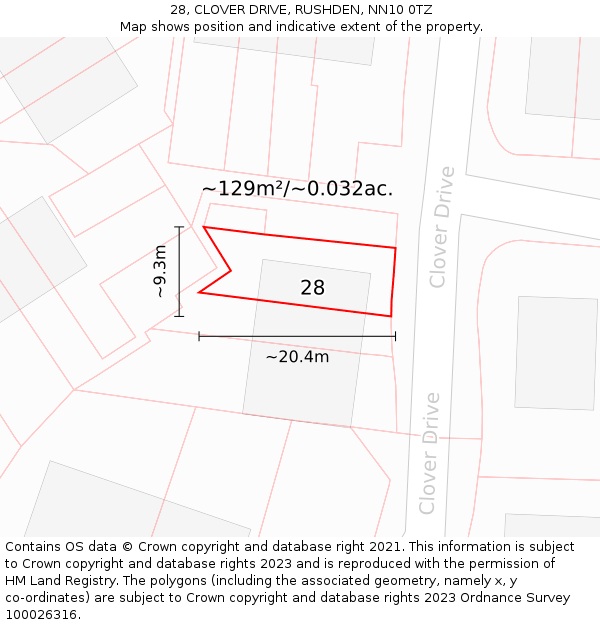 28, CLOVER DRIVE, RUSHDEN, NN10 0TZ: Plot and title map
