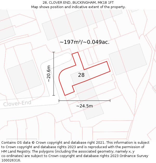 28, CLOVER END, BUCKINGHAM, MK18 1FT: Plot and title map