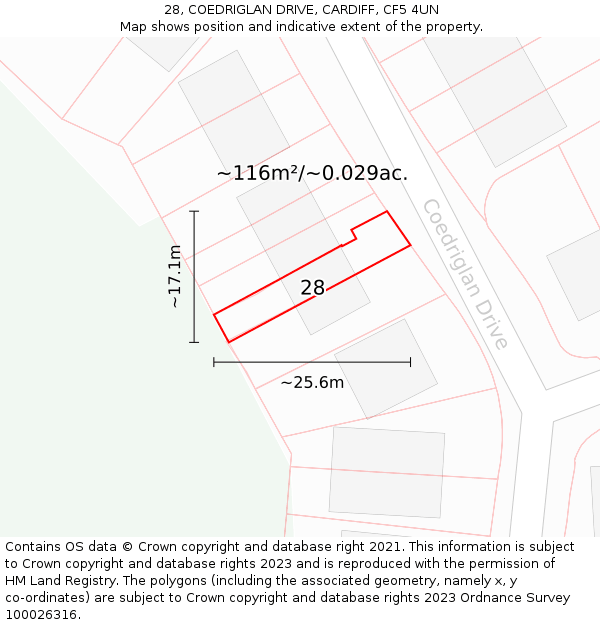 28, COEDRIGLAN DRIVE, CARDIFF, CF5 4UN: Plot and title map