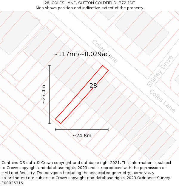 28, COLES LANE, SUTTON COLDFIELD, B72 1NE: Plot and title map