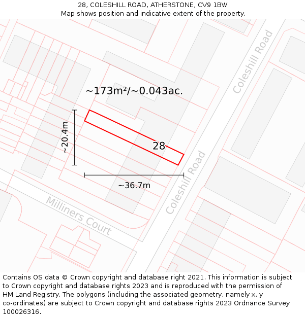 28, COLESHILL ROAD, ATHERSTONE, CV9 1BW: Plot and title map
