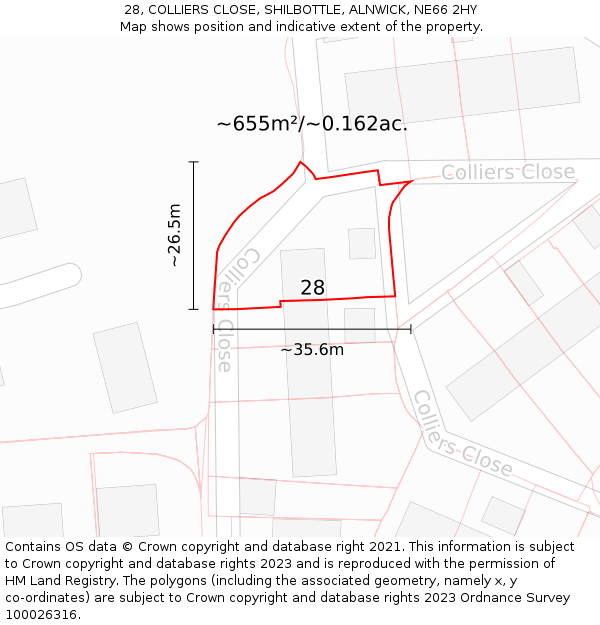 28, COLLIERS CLOSE, SHILBOTTLE, ALNWICK, NE66 2HY: Plot and title map