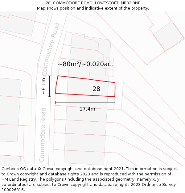 28, COMMODORE ROAD, LOWESTOFT, NR32 3NF: Plot and title map