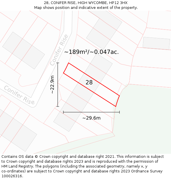 28, CONIFER RISE, HIGH WYCOMBE, HP12 3HX: Plot and title map