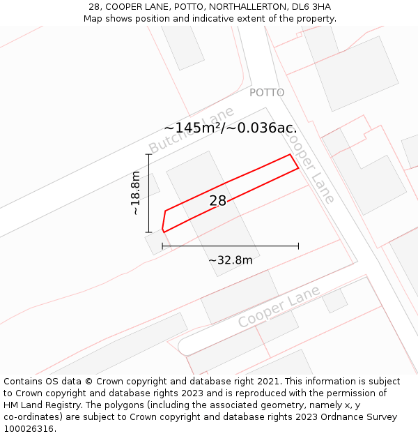 28, COOPER LANE, POTTO, NORTHALLERTON, DL6 3HA: Plot and title map