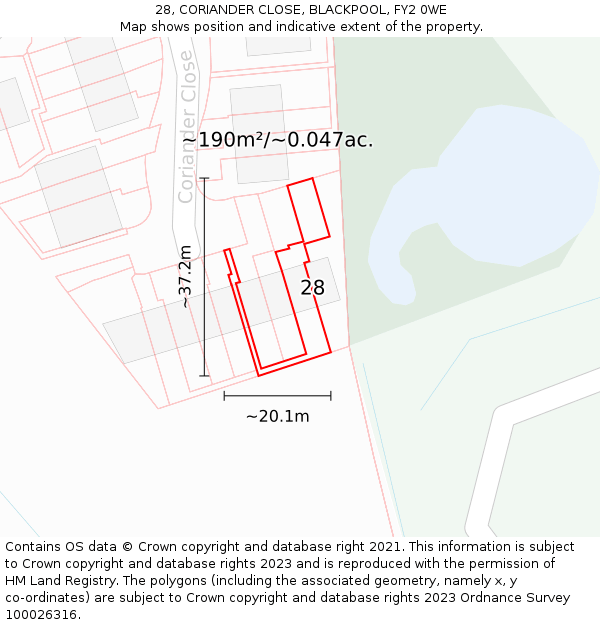 28, CORIANDER CLOSE, BLACKPOOL, FY2 0WE: Plot and title map