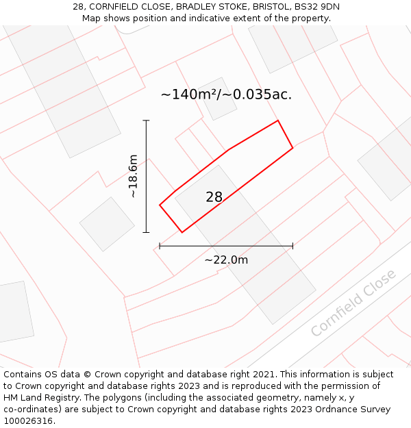 28, CORNFIELD CLOSE, BRADLEY STOKE, BRISTOL, BS32 9DN: Plot and title map