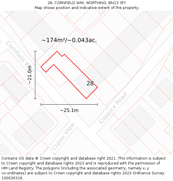 28, CORNFIELD WAY, WORTHING, BN13 3FY: Plot and title map