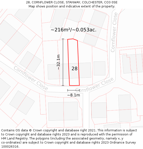 28, CORNFLOWER CLOSE, STANWAY, COLCHESTER, CO3 0SE: Plot and title map