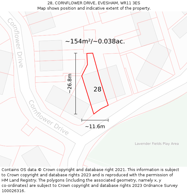 28, CORNFLOWER DRIVE, EVESHAM, WR11 3ES: Plot and title map