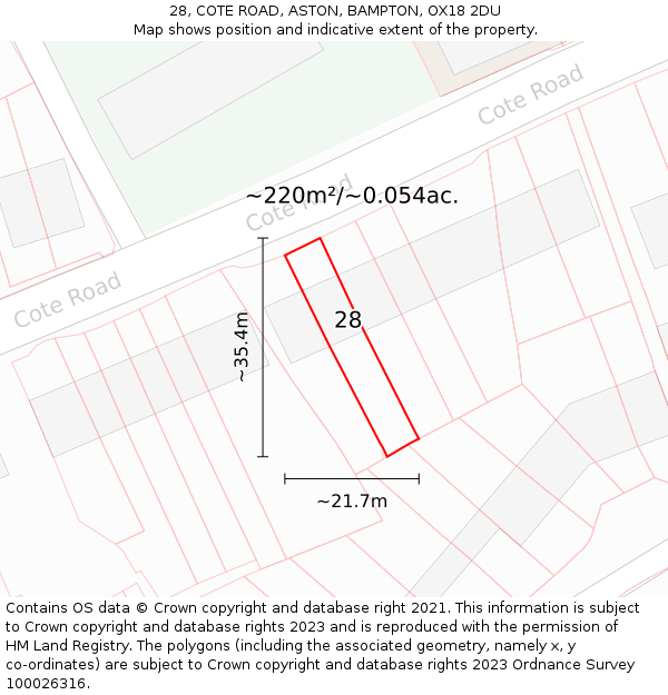28, COTE ROAD, ASTON, BAMPTON, OX18 2DU: Plot and title map