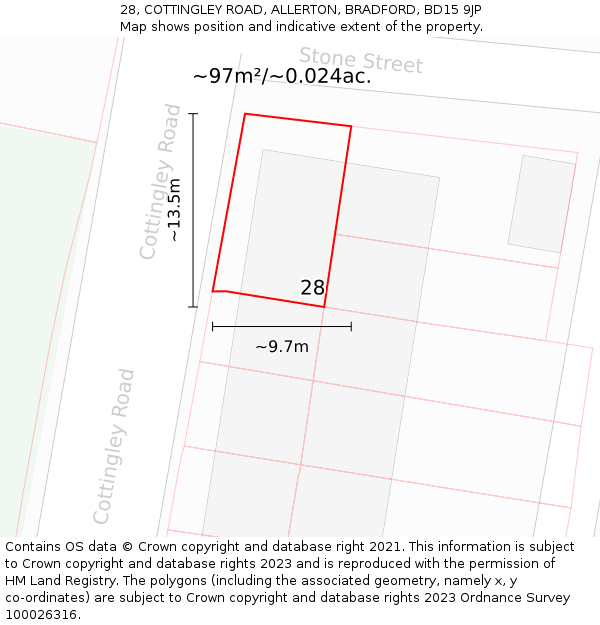 28, COTTINGLEY ROAD, ALLERTON, BRADFORD, BD15 9JP: Plot and title map