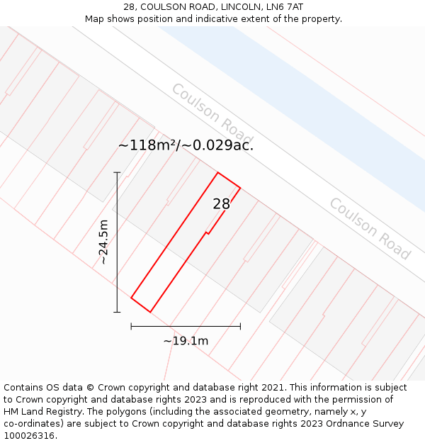 28, COULSON ROAD, LINCOLN, LN6 7AT: Plot and title map