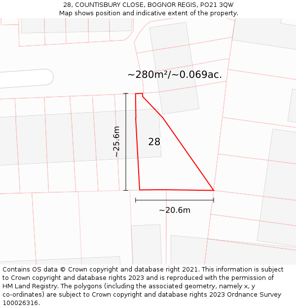 28, COUNTISBURY CLOSE, BOGNOR REGIS, PO21 3QW: Plot and title map
