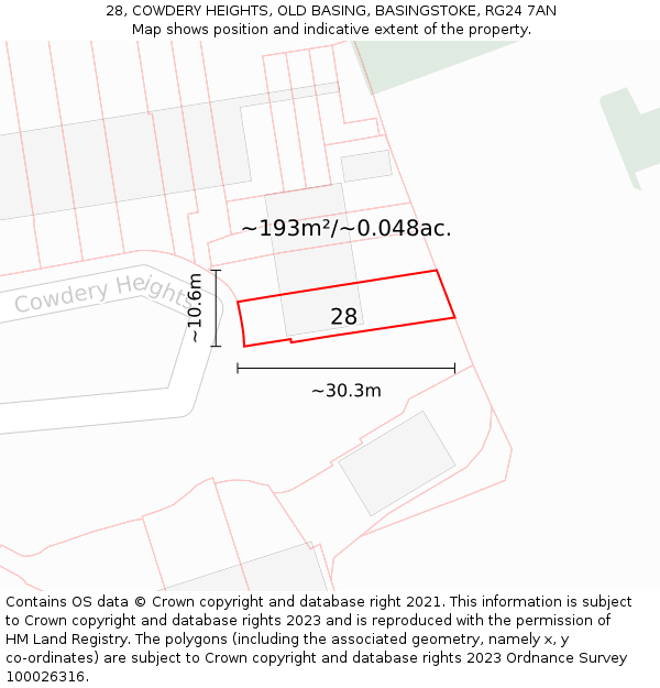28, COWDERY HEIGHTS, OLD BASING, BASINGSTOKE, RG24 7AN: Plot and title map
