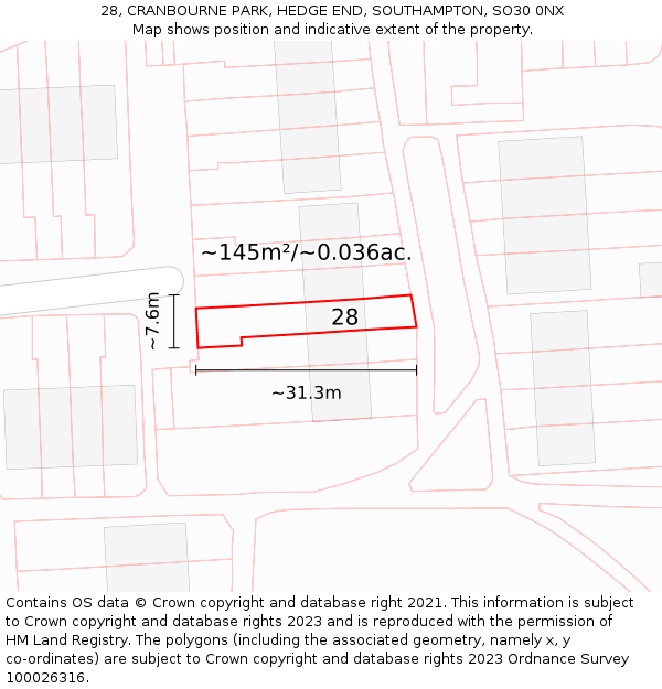 28, CRANBOURNE PARK, HEDGE END, SOUTHAMPTON, SO30 0NX: Plot and title map