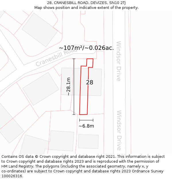 28, CRANESBILL ROAD, DEVIZES, SN10 2TJ: Plot and title map