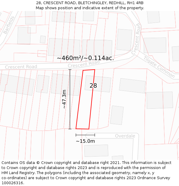28, CRESCENT ROAD, BLETCHINGLEY, REDHILL, RH1 4RB: Plot and title map