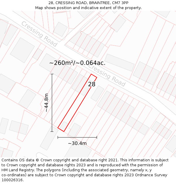 28, CRESSING ROAD, BRAINTREE, CM7 3PP: Plot and title map