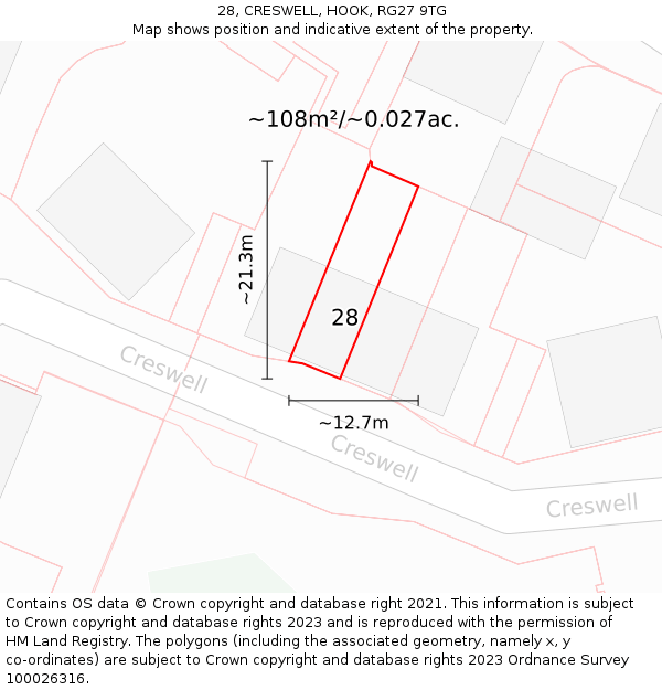 28, CRESWELL, HOOK, RG27 9TG: Plot and title map